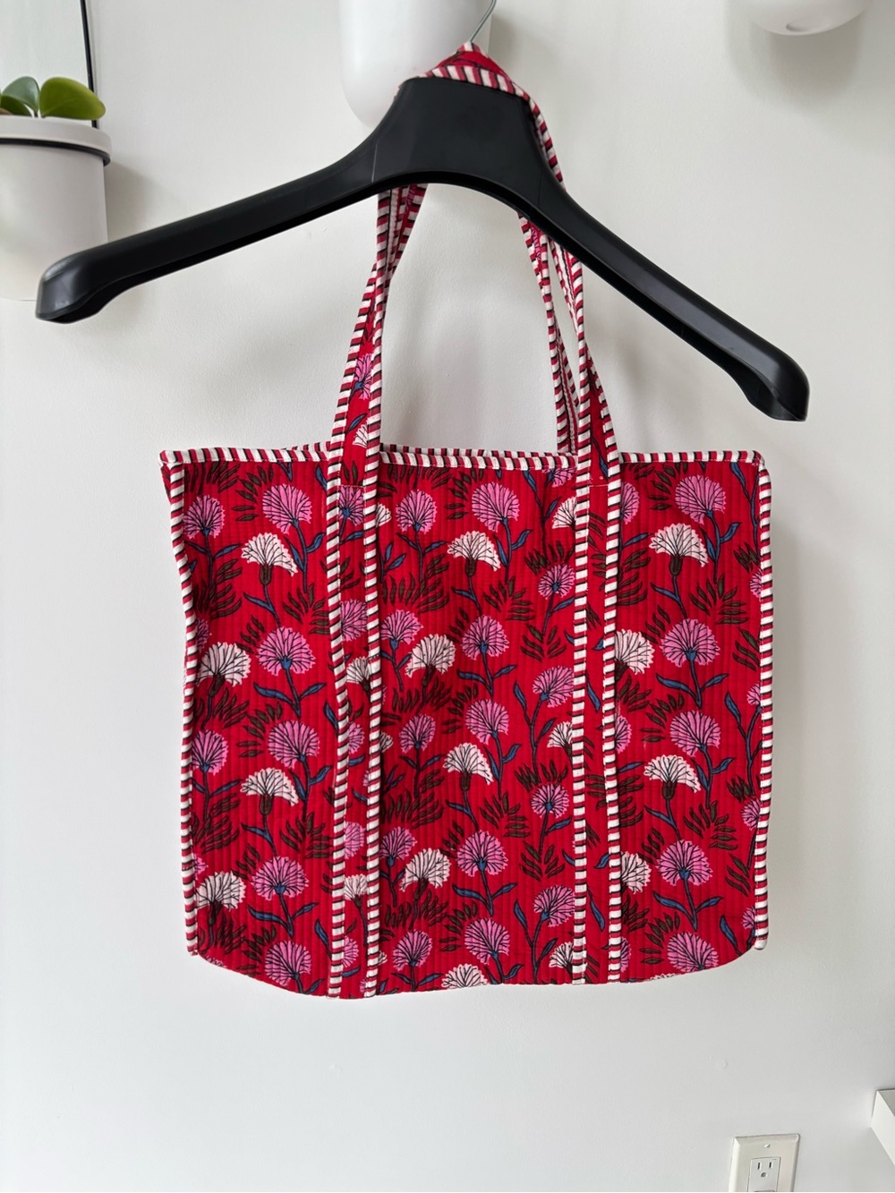 Red Floral cotton Tote Bag - Lightweight Everyday Carry, reversible